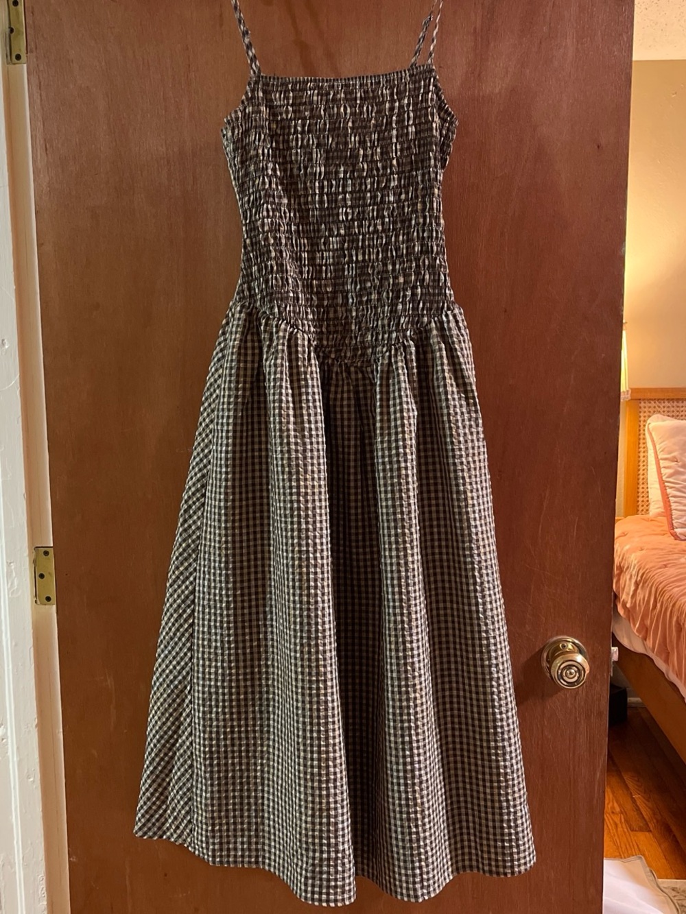 NWOT Creamon Smocked Gingham Midi Dress with Spaghetti Straps